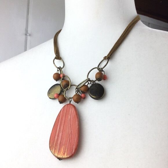Orange Medallion Necklace, Orange & Gold Medallion Necklace, Suede - Picture 1 of 8